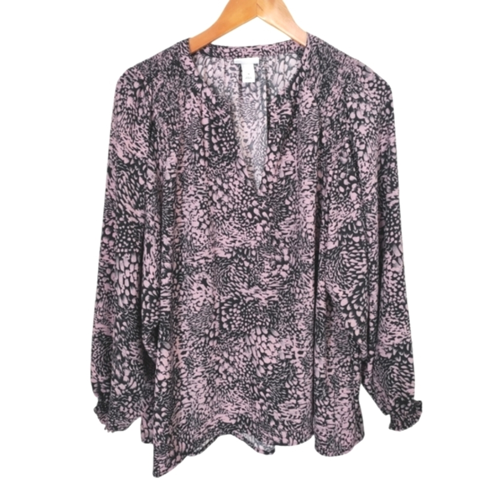 Ava & Viv Black & Pink Smocked Shoulder Balloon Sleeve Blouse